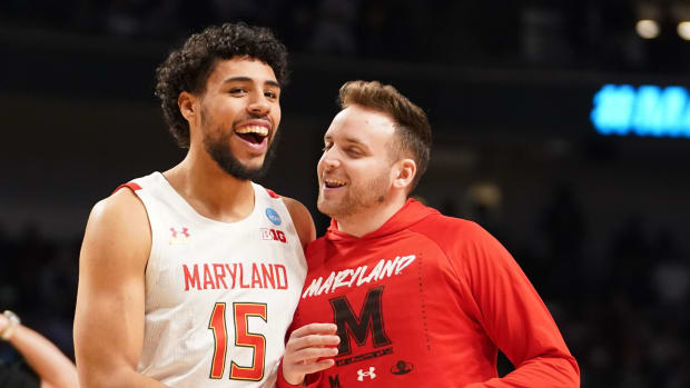 Maryland Terrapins forward Patrick Emilien celebrates a win.
